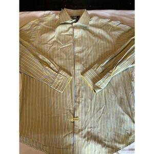 Striped Dress Shirt‎ Mens Long Sleeve Button Up Yellow Blue Casual
